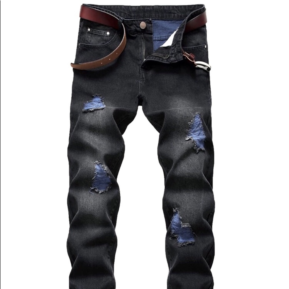 Guys Ripped Zipper washed Jeans without belted